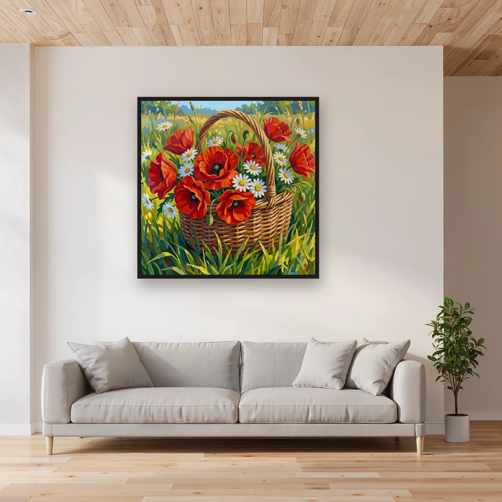 Panier en osier de coquelicots et marguerites – Salon