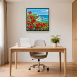 Coquelicots rouges sur falaise au bord de la mer turquoise – Bureau
