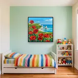 Coquelicots rouges sur falaise au bord de la mer turquoise – Enfant