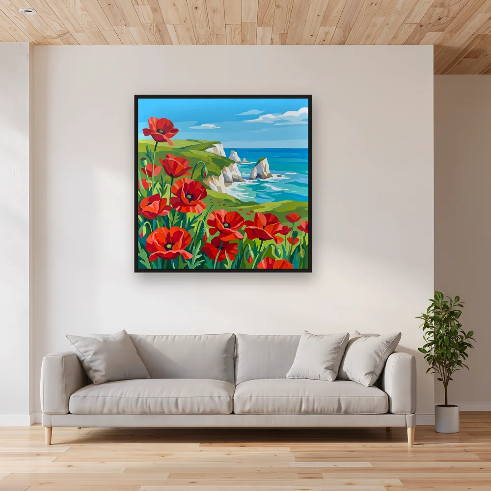 Coquelicots rouges sur falaise au bord de la mer turquoise – Salon