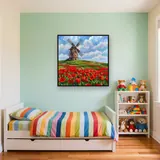 Moulin en pierre et champ de coquelicots – Enfant