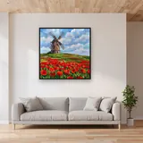 Moulin en pierre et champ de coquelicots – mis en situation dans un salon