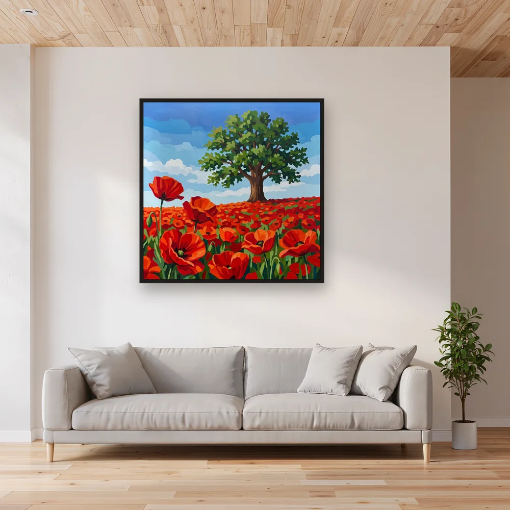 Chêne solitaire dans un champ de coquelicots rouges – Salon