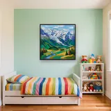 Schneebedeckter Gipfel über grüner Alpenlandschaft – Kinderzimmer