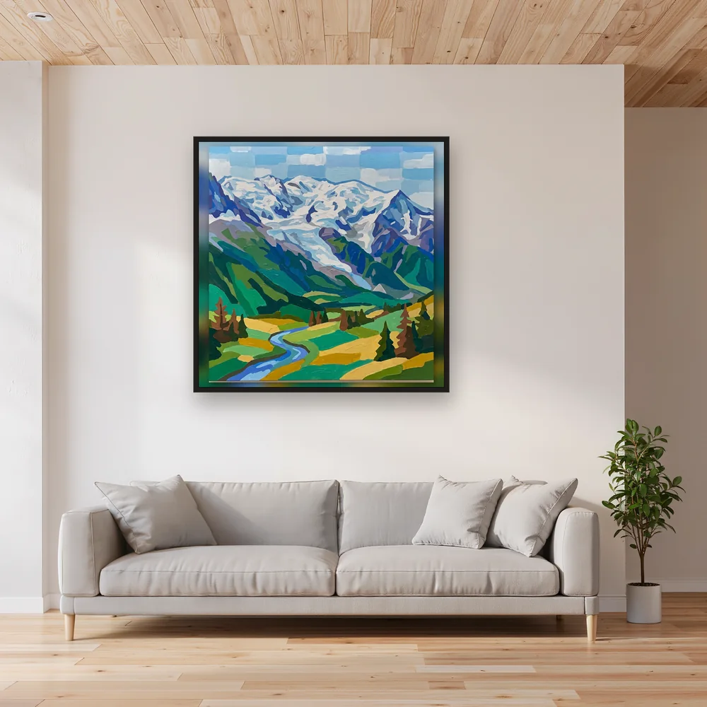 Schneebedeckter Gipfel über grüner Alpenlandschaft – Wohnzimmer