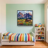Jagged Dolomite Peaks Above A Wildflower Meadow Hut – Kids room