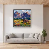 Jagged Dolomite Peaks Above A Wildflower Meadow Hut – displayed in a living room