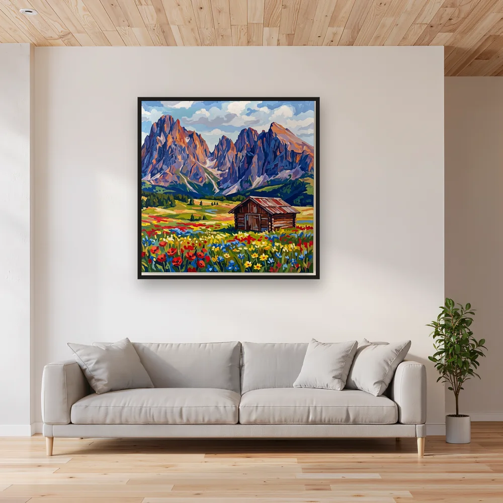 Jagged Dolomite Peaks Above A Wildflower Meadow Hut – Living room