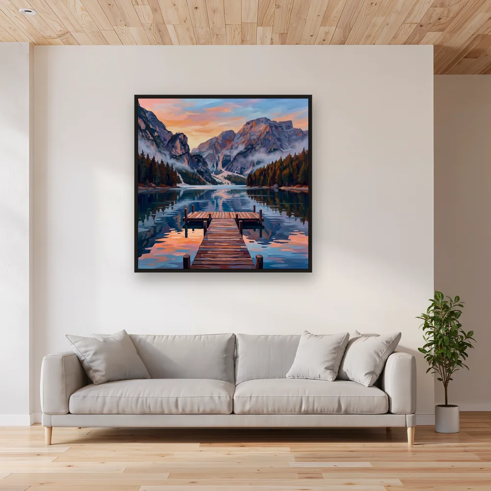 Holzsteg am Bergsee im Morgengrauen – Wohnzimmer