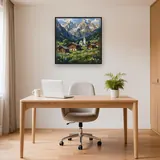 Alpendorf mit weißer Kirche im grünen Tal – Büro