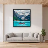 Red Canoe on a Turquoise Glacier Lake – displayed in a living room