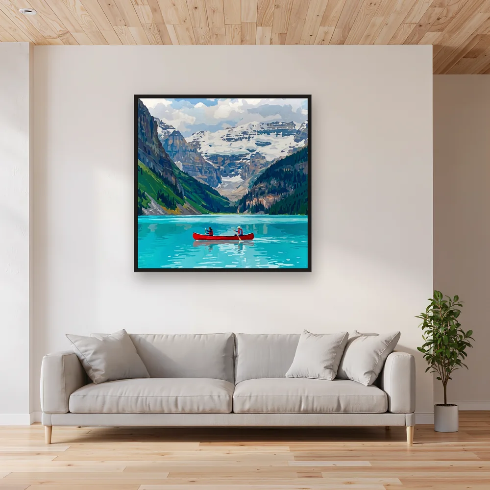 Red Canoe on a Turquoise Glacier Lake – Living room
