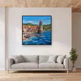 Colorful Seaside Village With Round Bell Tower – displayed in a living room