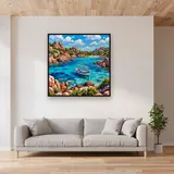 Crique turquoise et voile blanche en Corse – mis en situation dans un salon