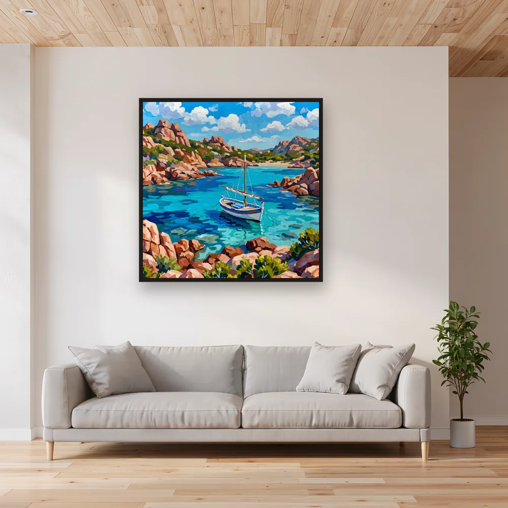 Crique turquoise et voile blanche en Corse – Salon