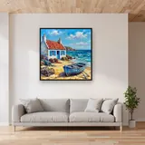White Fisherman Cottage With Blue Shutters – displayed in a living room