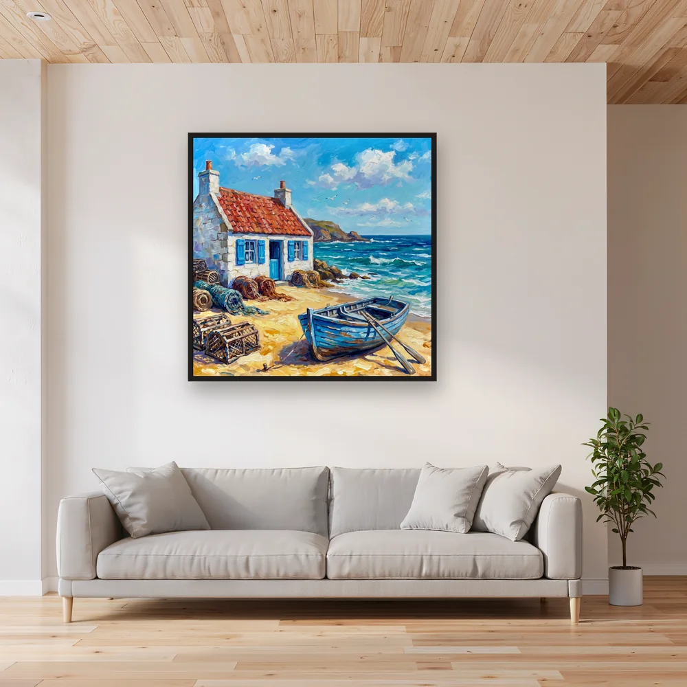 White Fisherman Cottage With Blue Shutters – Living room