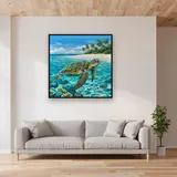 Sea Turtle Swimming In Turquoise Lagoon – displayed in a living room