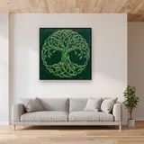 Celtic Interlaced Tree of Life in Emerald and Gold – displayed in a living room