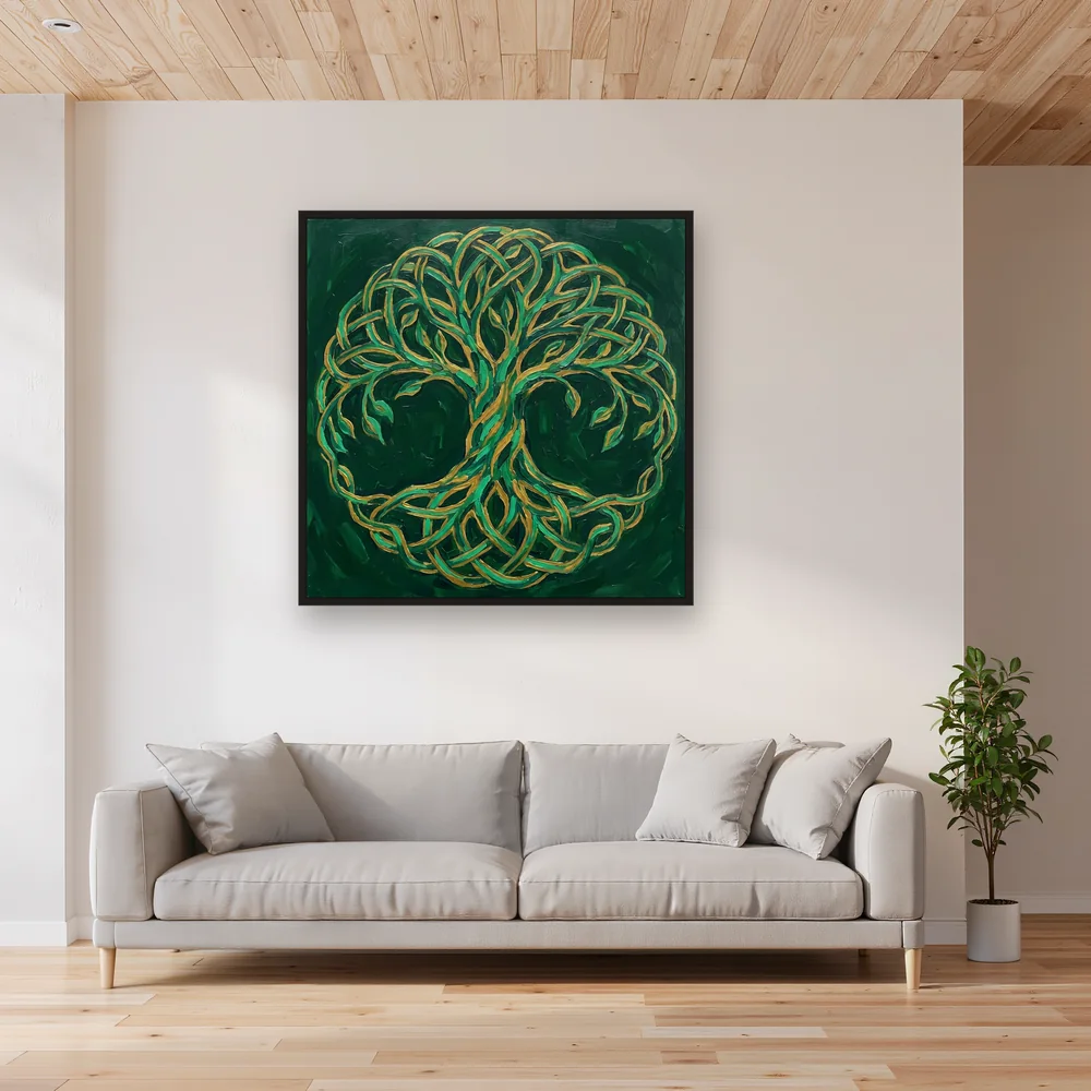 Celtic Interlaced Tree of Life in Emerald and Gold – Living room