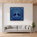 Mandala Tree of Life in Blue and White – displayed in a living room