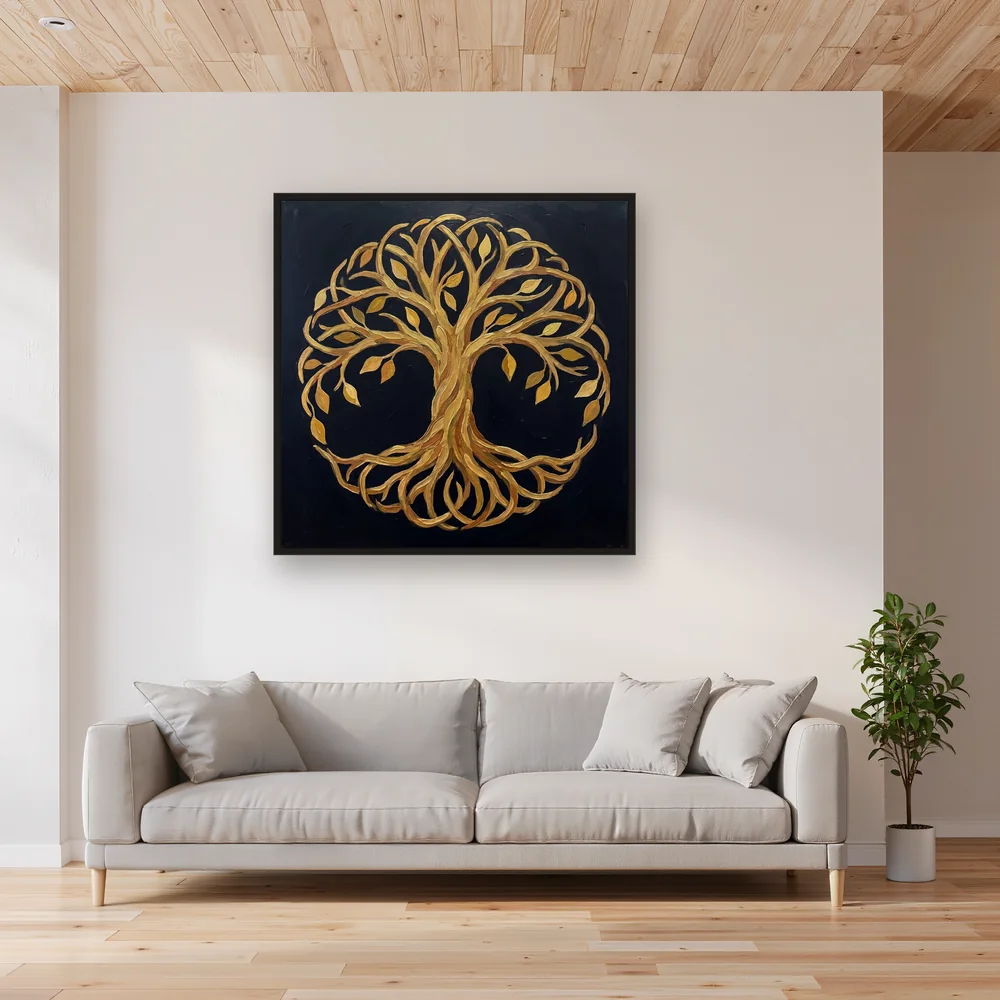 Goldener Lebensbaum auf schwarzem Grund – Wohnzimmer