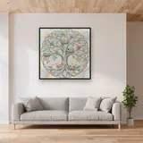 Pastel Birds Nesting In The Tree Of Life – displayed in a living room