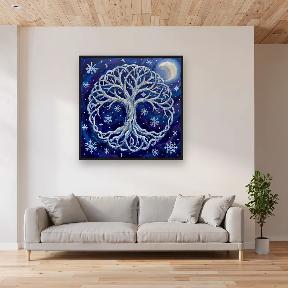 Winterse levensboom onder maanlicht – Woonkamer