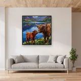 Highland Cow and Calf by the Loch – displayed in a living room