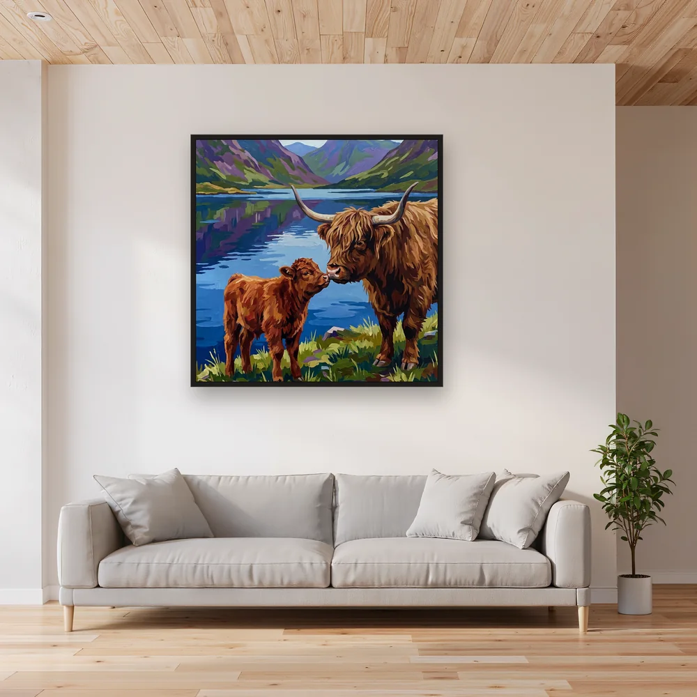 Highland Cow and Calf by the Loch – Living room