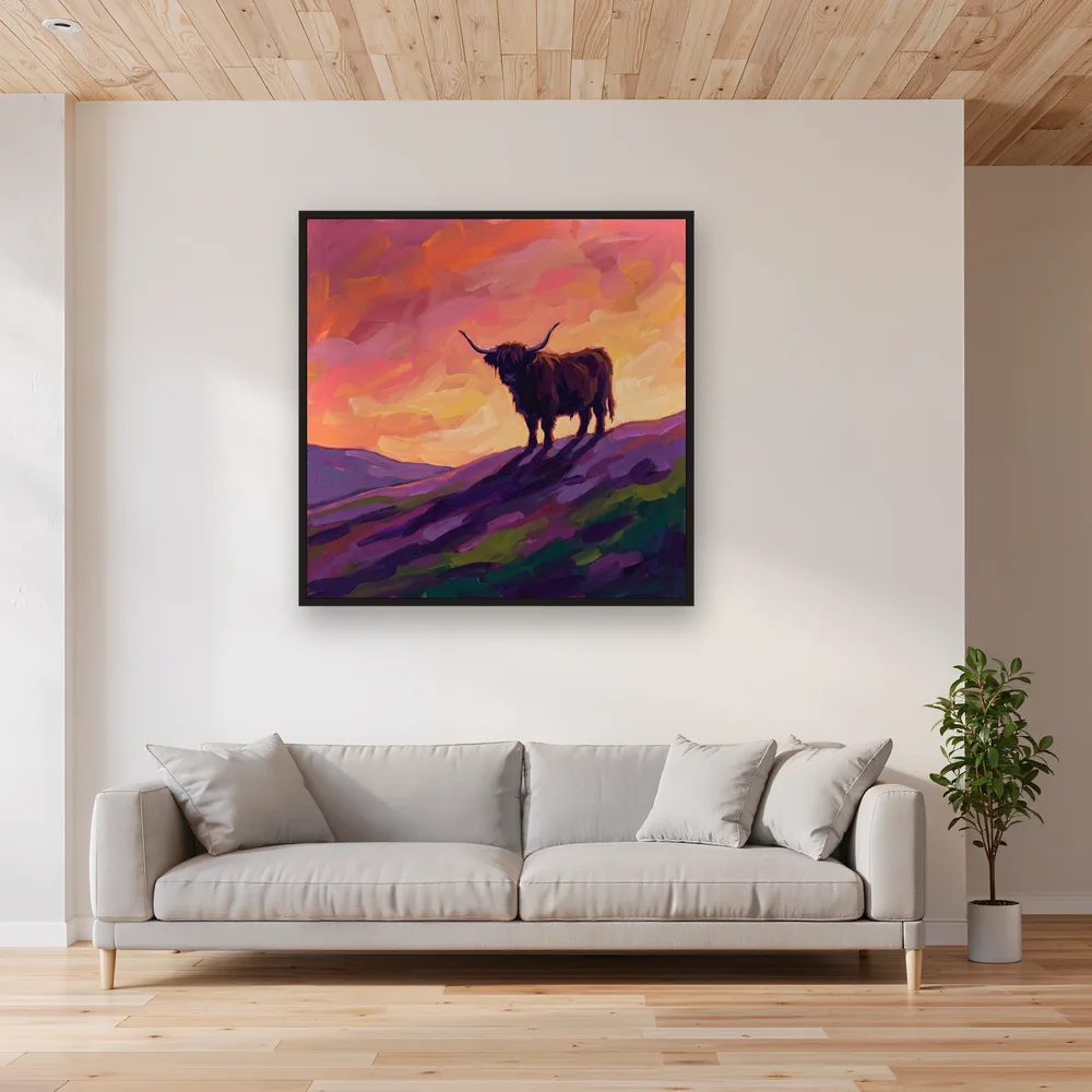 Highland Cow Silhouette At Sunset In The Glen – Living room