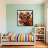 Portrait aquarelle de vache Highland aux cornes courbées – Enfant