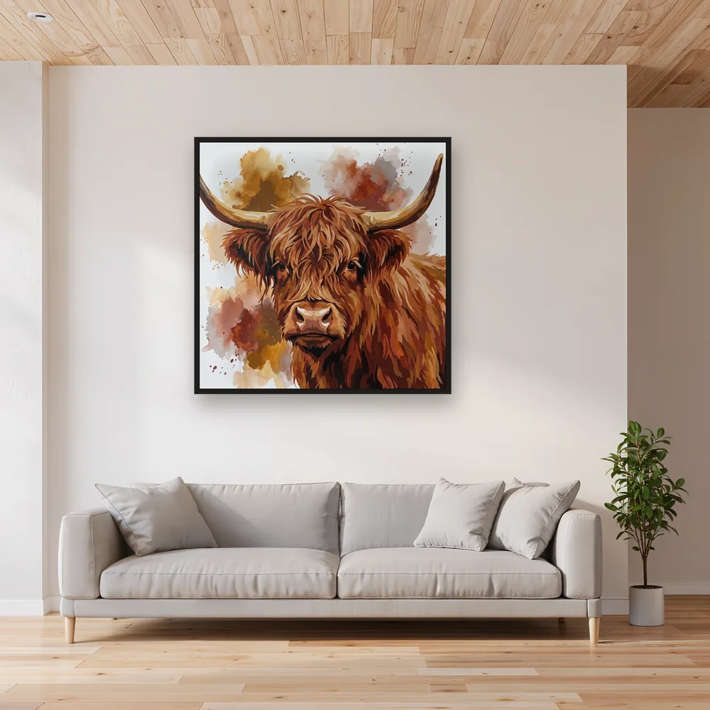 Portrait aquarelle de vache Highland aux cornes courbées – Salon