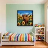 Vache Highland au milieu des tournesols d'été – Enfant