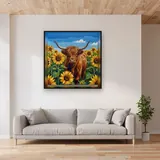 Vache Highland au milieu des tournesols d'été – mis en situation dans un salon