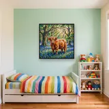 Vache Highland parmi les jacinthes des bois – Enfant
