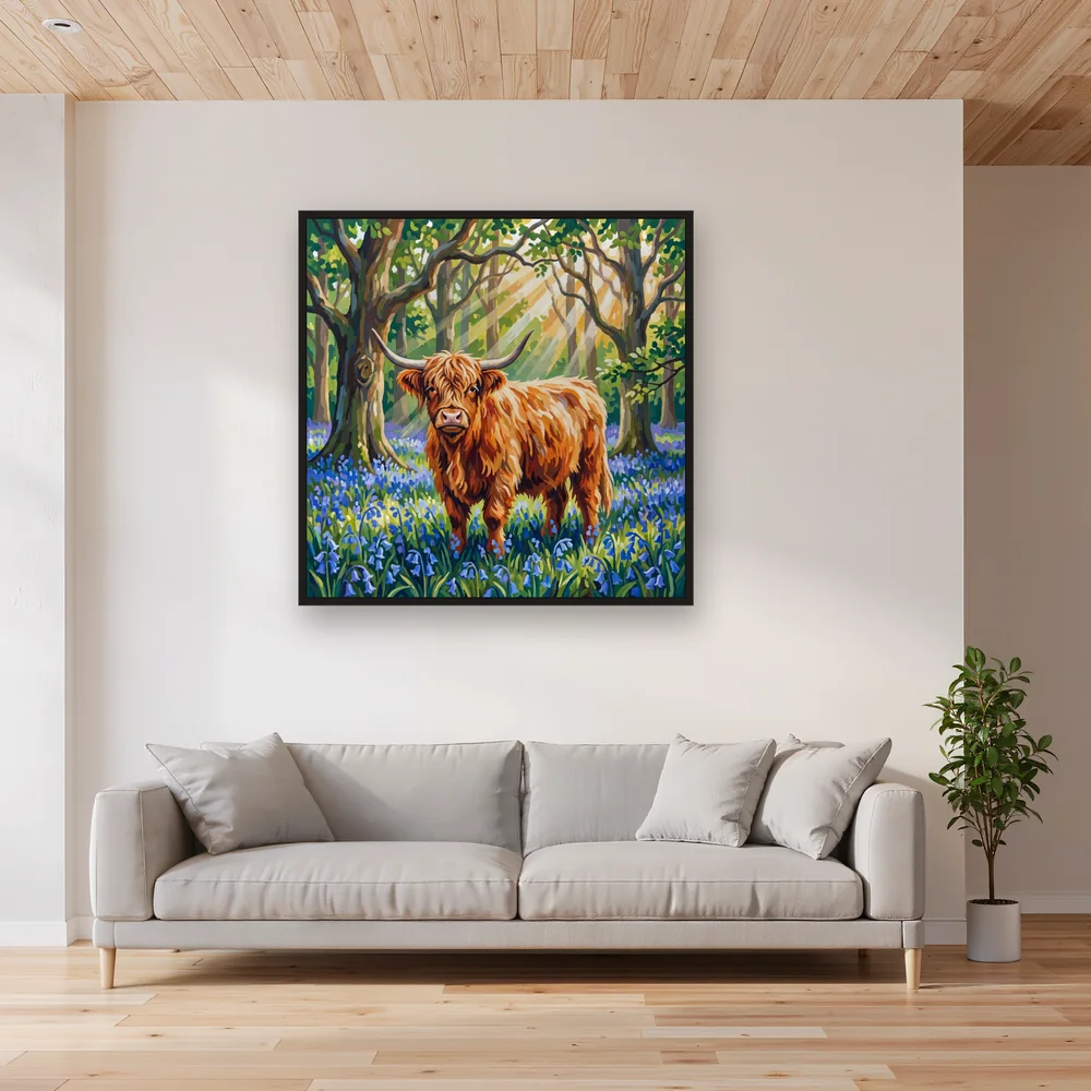 Vache Highland parmi les jacinthes des bois – Salon