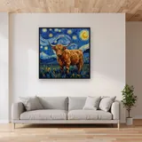 Starry Night Highland Cow In Swirling Sky – displayed in a living room