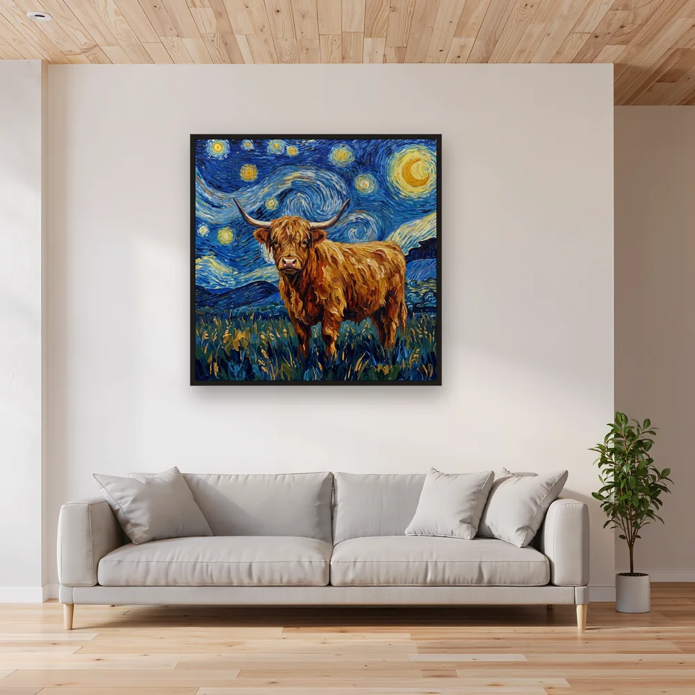 Starry Night Highland Cow In Swirling Sky – Living room