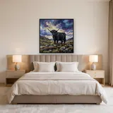 Black Highland Cow on Rocky Hillside – Bedroom