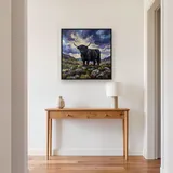 Black Highland Cow on Rocky Hillside – Hallway