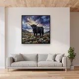 Black Highland Cow on Rocky Hillside – displayed in a living room