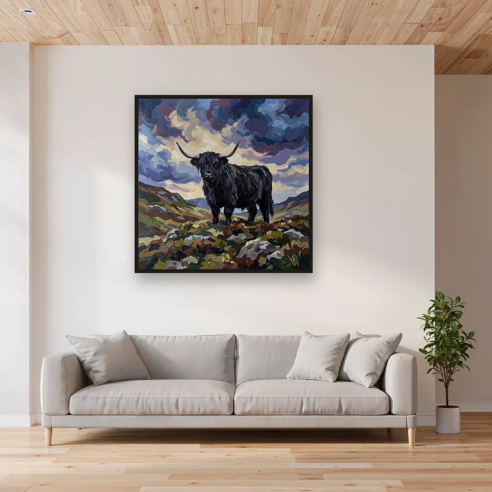 Black Highland Cow on Rocky Hillside – Living room