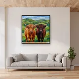 Deux Vaches Highland Côte à Côte – mis en situation dans un salon