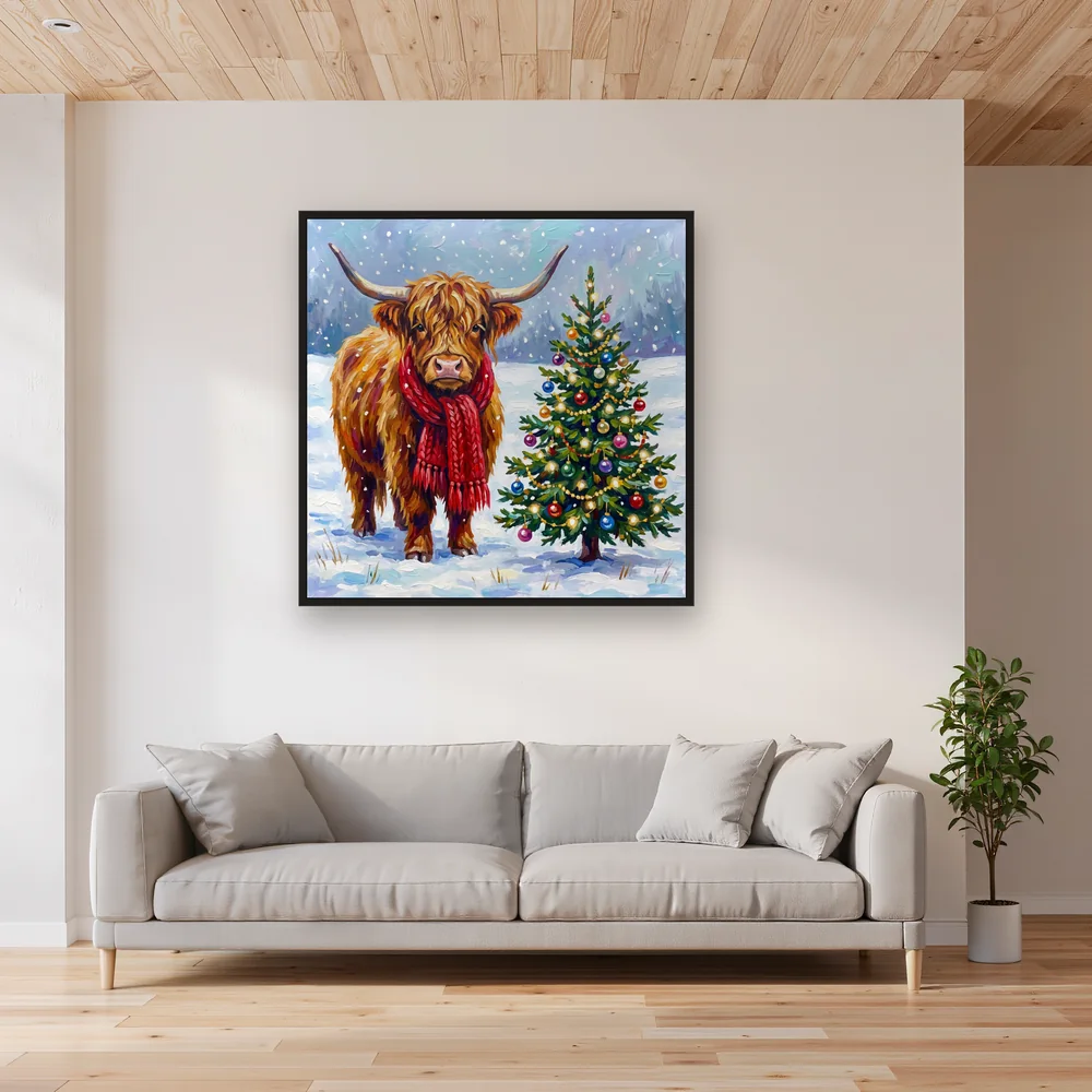 Mucca delle Highlands con sciarpa rossa e albero di Natale – Soggiorno