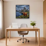 Highland Cow Before Loch Castle Ruins – Office