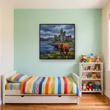 Highland Cow Before Loch Castle Ruins – Kids room