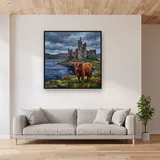 Highland Cow Before Loch Castle Ruins – displayed in a living room