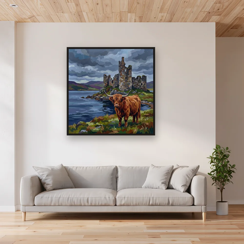 Highland Cow Before Loch Castle Ruins – Living room