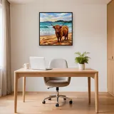 Vache des Highlands sur plage écossaise – Bureau